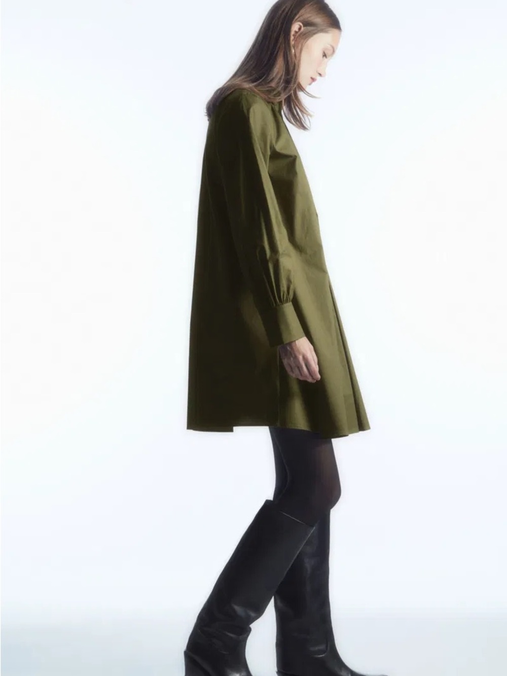 COS A-line Long Sleeve Mini Dress in Olive Green
